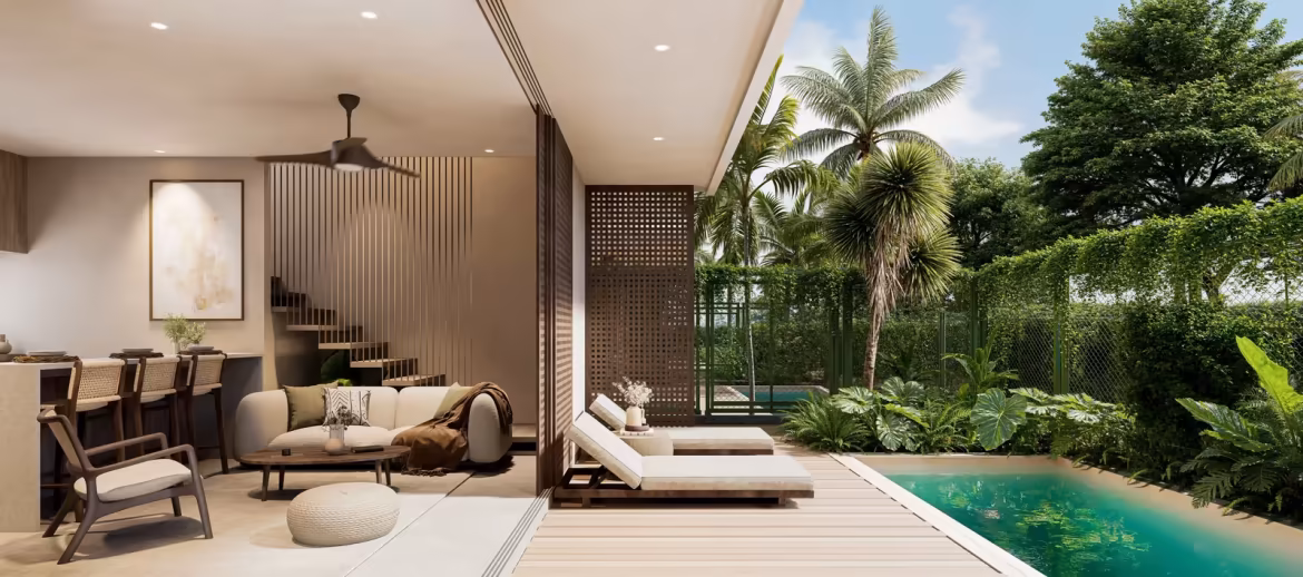 Sala de una vivienda de LOOM, con salida al exterior